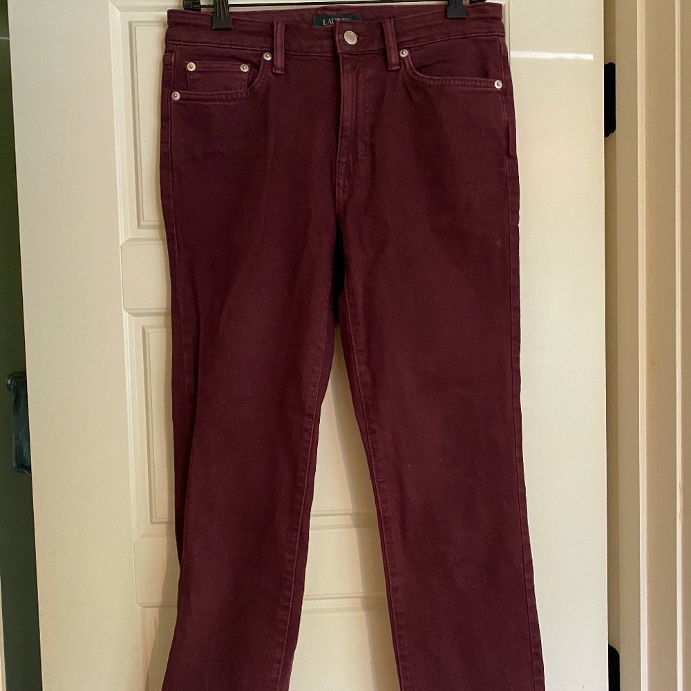 Maroon/Dark Red, Crop Length, Mid-Rise Fitted Ralph Lauren Women's Jeans, Size 6